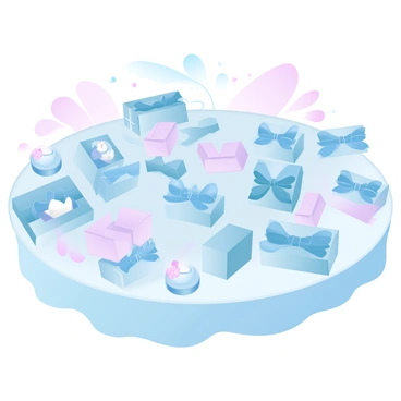 A table is covered with a variety of wedding favors for guests, each wrapped neatly in decorative packaging. The favors are arranged in an organized manner, showcasing an assortment of elegant items such as small boxes, candles, and personalized keepsakes. Each favor is adorned with "elegant bows" made from satin ribbon, tied in perfect knots. The table surface is draped with a soft fabric that complements the overall theme, adding a touch of sophistication. In the background, there are subtle hints of floral decorations, enhancing the festive atmosphere of the wedding setting.