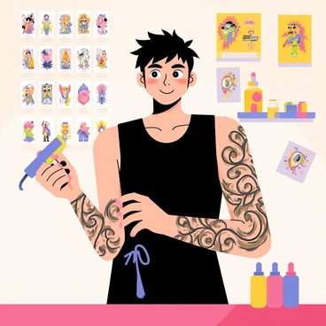 A tattoo artist with short, spiky black hair stands confidently, holding a colorful tattoo machine in one hand. The artist wears a black sleeveless shirt, showcasing intricate tattoos that wrap around their arms. A focused expression is on their face, highlighting their concentration. The background features an array of tattoo flash art displayed on the walls, with vibrant colors and various designs, creating an engaging atmosphere. A few tattoo ink bottles in different colors are placed on a nearby table, adding to the scene's details.