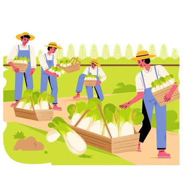 A group of farmers in straw hats are gathering fresh green fennel bulbs from a lush field. The fennel bulbs have a vibrant green and white color, showcasing their freshness. Farmers are placing the bulbs into rustic wooden baskets with sturdy handles. The sunlight casts a warm glow over the scene, highlighting the rich earth beneath their feet and the green foliage surrounding them. In the background, a few rows of healthy plants stretch into the horizon.