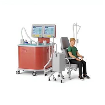 A hemodialysis machine prominently displayed, featuring a sleek design with various tubes and dials. The machine has multiple screens showing dynamic readings in bright colors. Vibrant bold colors such as red, blue, and yellow are used for the machine's casing, contrasting against the white and grey components. The setup includes a patient chair positioned nearby, with a person sitting comfortably, connected to the machine through clear tubes. The overall scene highlights the machinery's complexity and its role in the patient’s treatment.
