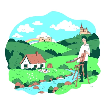An illustrator is standing in a vibrant green field, surrounded by rolling hills and scattered wildflowers. The sky above is filled with puffy white clouds, and a colorful rainbow arcs across the horizon. The illustrator is focused on a large canvas set on an easel, painting a whimsical landscape that features a quaint cottage with a thatched roof. Nearby, there is a small stream with crystal-clear water flowing over smooth stones. In the distance, a castle tower peeks over the hills, adding a sense of enchantment to the scene. The illustrator's palette is filled with various colors, creating a vivid and imaginative representation of the Irish countryside.