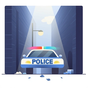 A 3D police car is situated in a narrow, dark alleyway. The car is blue and white with the word "POLICE" written on the side in bold letters. Its siren is flashing brightly on top, emitting a vivid blue and red light that contrasts with the shadowy surroundings. The alleyway is lined with brick walls, and scattered debris is visible on the ground. A faint light glows from a nearby street lamp, illuminating part of the scene. The police car's headlights are also on, casting beams of light forward, illuminating the alley's entrance.