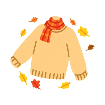 A torso wearing a soft, knitted sweater in a warm shade of beige. The sweater is adorned with a simple cable knit pattern. A vibrant, red and orange plaid scarf is wrapped around the neck, adding a pop of color. The scene is surrounded by a scattering of crisp, multicolored autumn leaves in shades of yellow, red, and brown, creating a cozy, seasonal atmosphere.