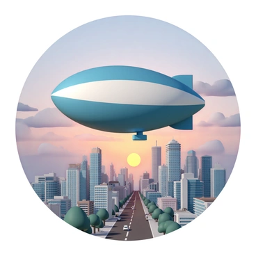 A large blimp, colored in vibrant shades of blue and white, is floating majestically over a bustling cityscape. The city features tall skyscrapers with glass facades reflecting the warm hues of the sunset. The sky is filled with a blend of orange, pink, and purple as the sun dips below the horizon. Below the blimp, streets are lively with small cars and people moving about, while some trees provide a touch of greenery in the urban environment. The scene captures the tranquility of the moment as the blimp hovers peacefully above the vibrant city below.