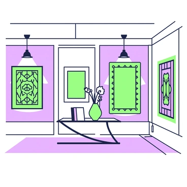 A sophisticated showroom features several antique rugs displayed as art pieces on the walls. Each rug showcases intricate patterns and rich textures, meticulously hung to highlight their craftsmanship. The floor is polished and reflective, enhancing the ambiance of the space. Elegant lighting fixtures are strategically positioned to illuminate each rug, casting soft shadows that accentuate their details. In the center, a sleek glass table holds a couple of brochures and a small decorative vase, adding to the refined atmosphere of the showroom.