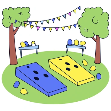 A cornhole game set up on a grassy area at an outdoor party. The game features two cornhole boards, one blue and one yellow, placed a few feet apart. Each board has five bean bags: three blue and two yellow, scattered around. Above the game, twinkling string lights are strung between two trees, illuminating the scene with a warm glow. In the background, there are colorful banners hanging and a few tables with festive decorations. A gentle breeze causes the leaves on the trees to sway slightly.