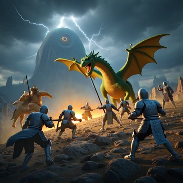 A dramatic scene depicts a fierce battle between mythical creatures and knights on a rocky landscape. In the foreground, a massive dragon with shimmering green scales spreads its wings wide while breathing fire towards a group of armored knights. The knights, clad in shining silver armor with detailed engravings, are wielding swords and shields, advancing determinedly. To the left, a centaur with a muscular horse body and a human torso charges forward, brandishing a spear. Meanwhile, in the background, a giant cyclops looms over the battlefield, its single eye glowing ominously. The sky is filled with dark storm clouds, and flashes of lightning illuminate the intense struggle below.