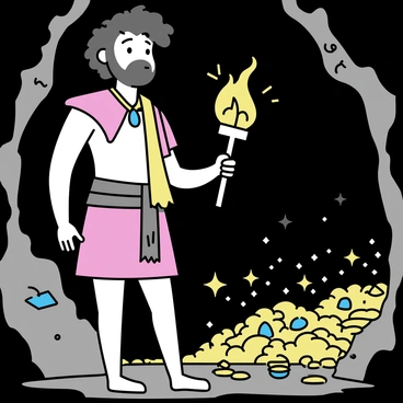 Ulysses, a muscular man with a weathered face, stands at the entrance of a dark cave. He is wearing a tattered cloak and holding a torch that casts a warm glow. Inside the cave, glimmering treasures are scattered across the rocky floor. Piles of gold coins glisten under the torchlight, along with ornate jewelry and sparkling gemstones. The cave walls are rough and jagged, adorned with ancient markings. Ulysses gazes in awe at the hidden riches before him.