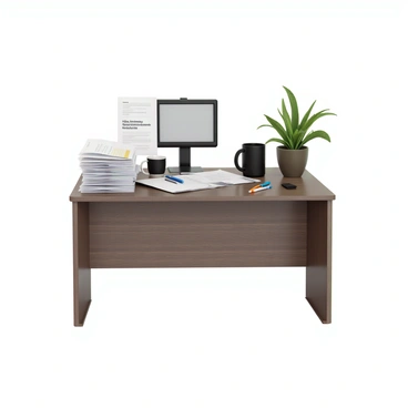 A messy office desk cluttered with various papers and office supplies. There are stacks of documents haphazardly piled, with an "inforce illustration request form" prominently visible among them. A coffee mug sits on the desk, partially filled, and a few pens lie scattered around. The desk surface is made of dark wood, and a computer monitor is positioned on one side, displaying a blank screen. A small potted plant adds a touch of greenery to the chaotic scene.