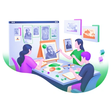 A modern pastel illustration depicting a group of illustrators gathered around a large table, each working on their own interpretations of historical events. One illustrator is painting a scene of a famous speech, while another is sketching a battle scene with contemporary elements. Various art supplies are scattered across the table, including brushes, pencils, and sketchbooks. The background features a wall with framed illustrations of historical events, showcasing their unique styles. Bright, modern colors fill the scene, reflecting a fresh take on history.