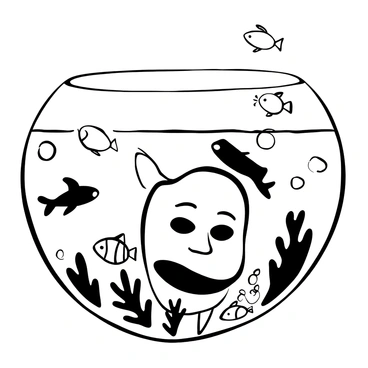 A "hannya mask" is partially submerged beneath "clear water," with the contours of the mask distinctly visible beneath the surface. "Fish" of various shapes and sizes swim gracefully around the mask, creating ripples in the water. The scene captures the contrast between the intricate details of the mask and the fluid movement of the fish. Sunlight filters through the surface of the water, casting shadows and highlights around the mask and fish.