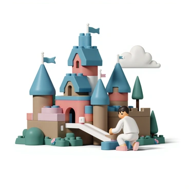 A detailed 3D render of a block-building game featuring a large, intricate castle designed by a player. The castle is made up of various colored blocks, including deep blues, bright reds, and earthy browns. It has tall, pointed towers topped with flags and a wide drawbridge leading to the entrance. Surrounding the castle are lush green trees and colorful flowers. In the foreground, a small character figure is placing a block on the castle, concentrating intently on the structure. The background includes a clear blue sky with a few fluffy clouds.