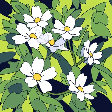 Delicate white durian flowers blooming on branches. Each flower has multiple petals that are slightly curved and a yellow center. The branches are sturdy and covered with dark green leaves. Surrounding the branches are lush green foliage, creating a vibrant backdrop. Sunlight filters through the leaves, highlighting the flowers against the rich greenery.