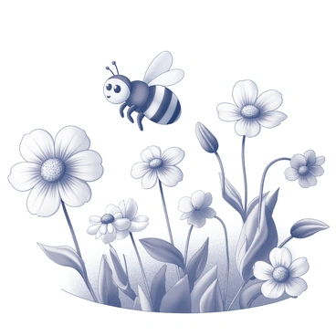 A bee with delicate wings is flying energetically among a variety of flowers. The flowers are in different shapes and sizes, featuring intricate petals and stems. The bee has a round body with stripes, and its expression shows a cheerful smile. The garden is vibrant, filled with blossoms that have distinct features, creating a lively scene. The overall composition captures the motion of the bee as it moves gracefully from one flower to another.
