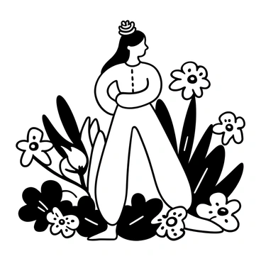 A woman in a flowing dress stands gracefully amidst lush greenery. She is wearing a decorative "nath" adorned with intricate designs. Surrounding her are various blooming flowers of different sizes and shapes, creating a vibrant, natural setting. The details of the leaves and petals are clearly visible, contributing to the overall rich texture of the scene.