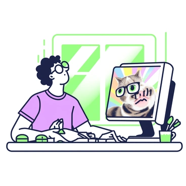 A digital artist is sitting at a desk, with their mouth agape in disbelief. The artist has short, tousled hair and wears oversized glasses. In front of them, a computer screen displays a photo that has been over-edited in a humorous way. The image features exaggerated colors, distorted features, and comical elements like a cat with oversized eyes and a rainbow background. The artist's desk is cluttered with various art supplies, including brushes, a sketchpad, and a coffee mug. Sunlight streams in through a nearby window, illuminating the scene.