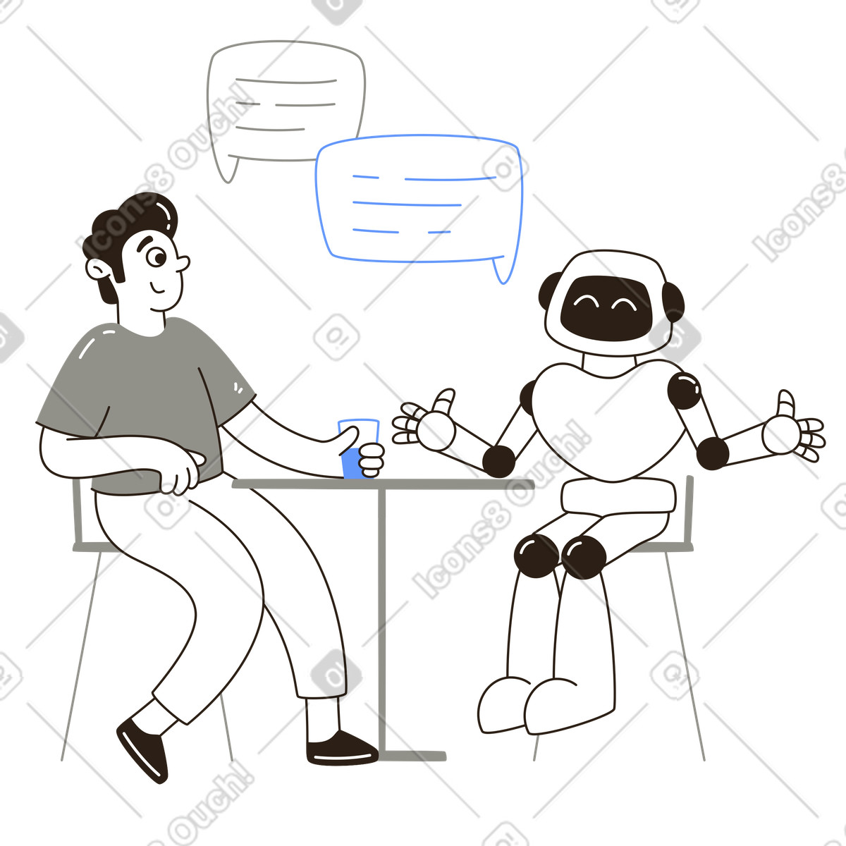Robot y usuario dialogando en una mesa de café. interacción conversacional de ia. illustration in PNG, SVG