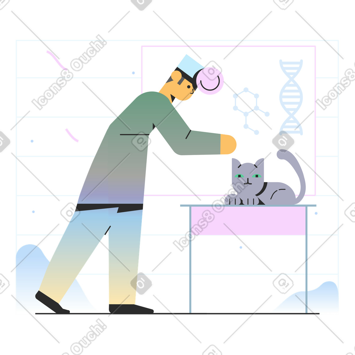 Veterinarian examining a cat in clinic illustration Marginalia style download PNG, SVG
