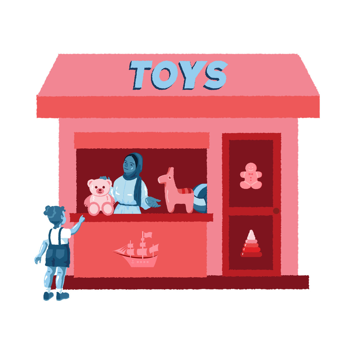 Girl wants a teddy bear from toy store illustration in Cherry style download in PNG, SVG