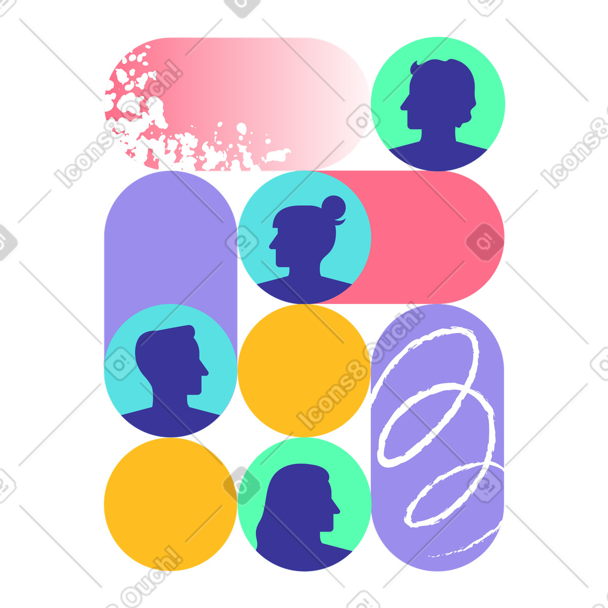Ilustración Group avatars with vibrant geometric shapes, Digital teamwork and online collaboration en estilo Bright a descargar en PNG y SVG