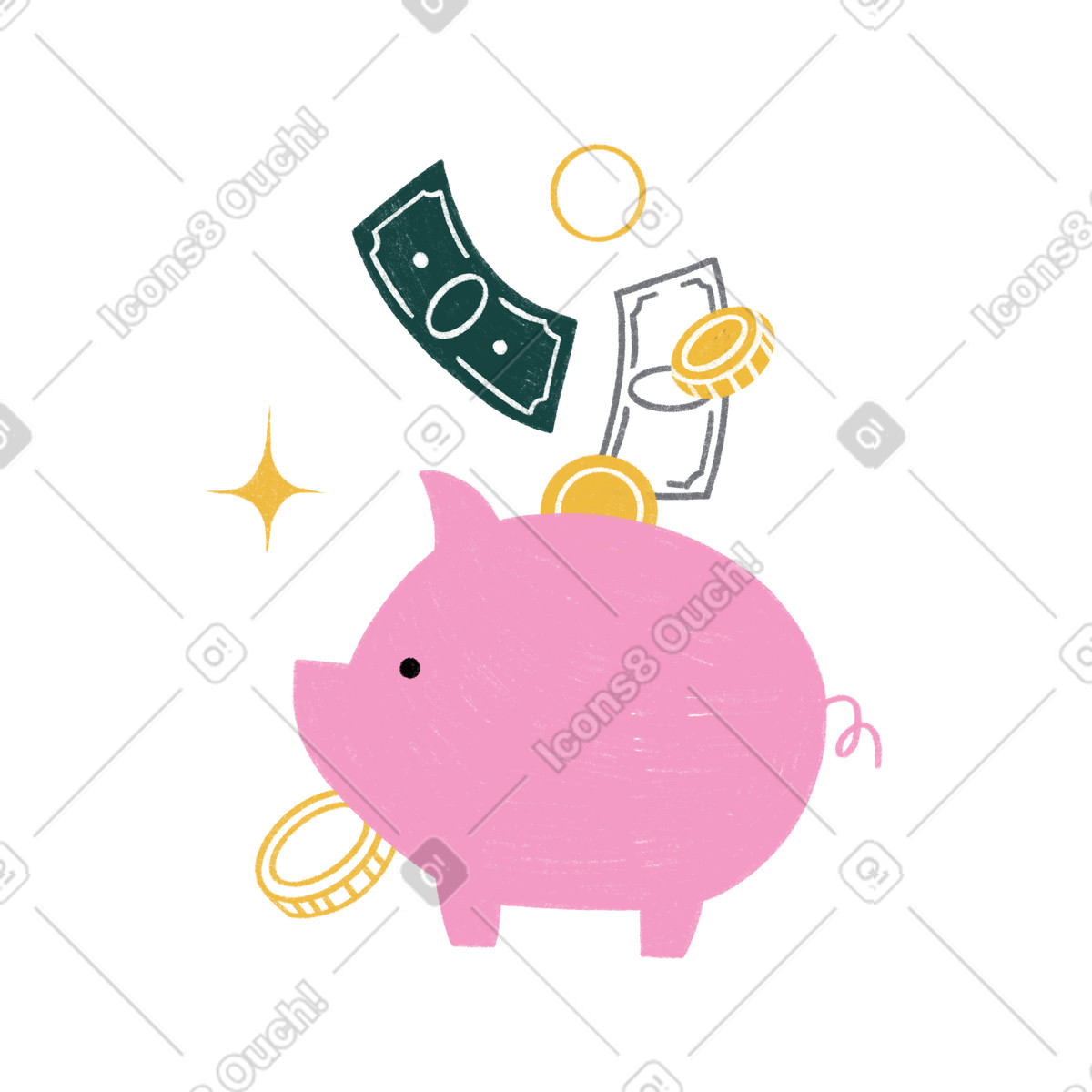 Ilustração de Coins and banknotes falling into piggy bank, Financial planning savings em no estilo Tutti para baixar em PNG, SVG