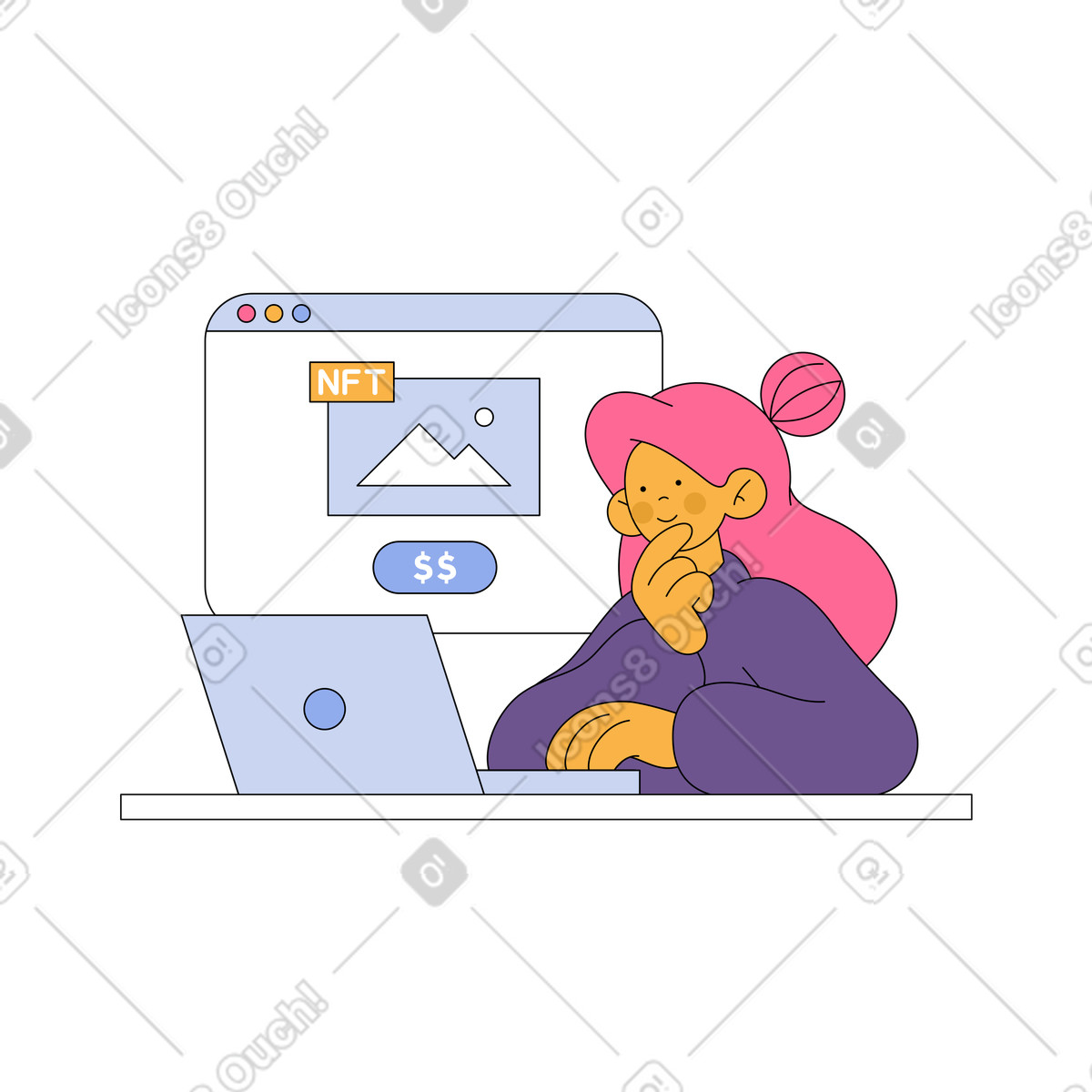 Иллюстрация Молодая женщина покупает фотографию nft в PNG и SVG