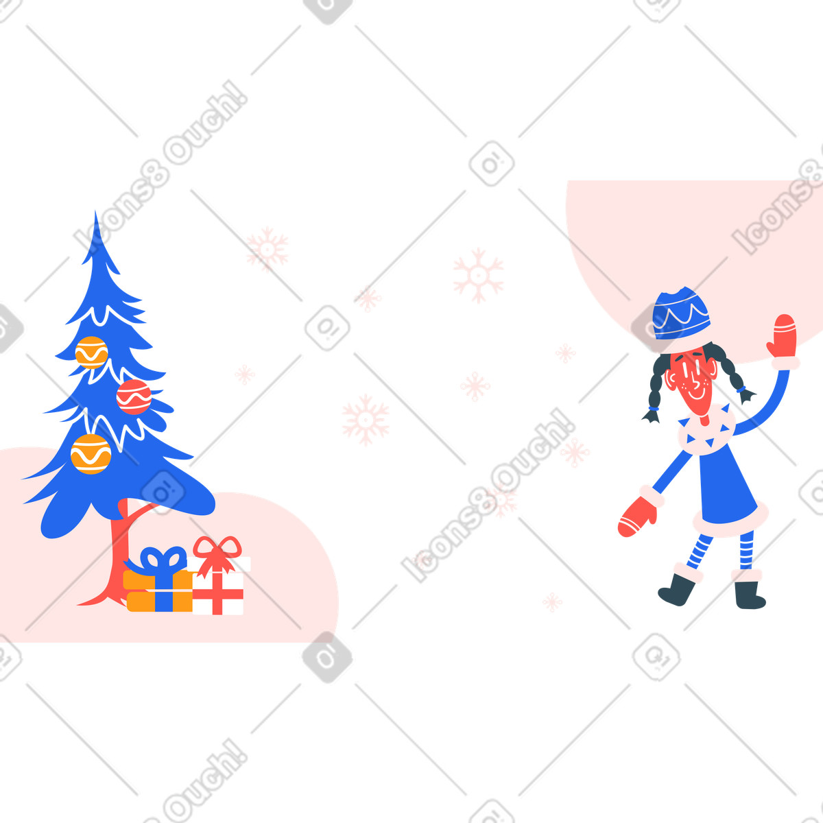 Kid and christmas tree with gift boxes background illustration in Kingdom style download in PNG, SVG