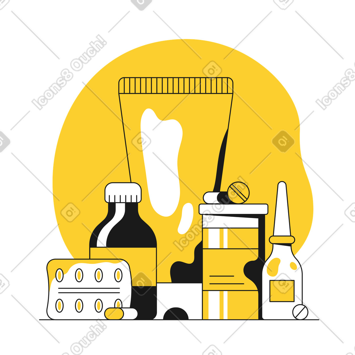 Ilustração de Tipos medicamentos com comprimidos, pílulas e sprays em no estilo Taxi para baixar em PNG, SVG