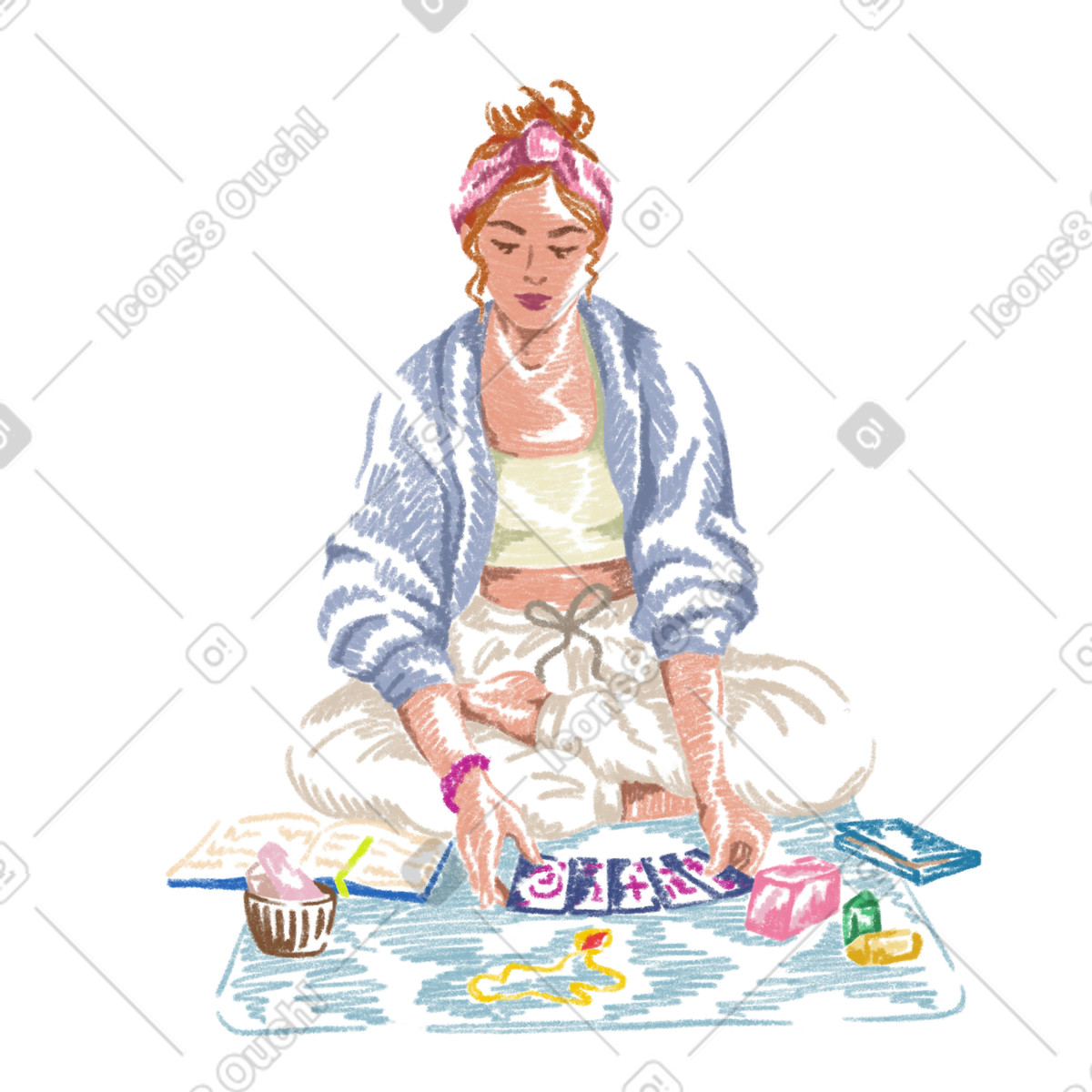 Woman doing tarot reading with amulets illustration in Sketchbook style download in PNG, SVG