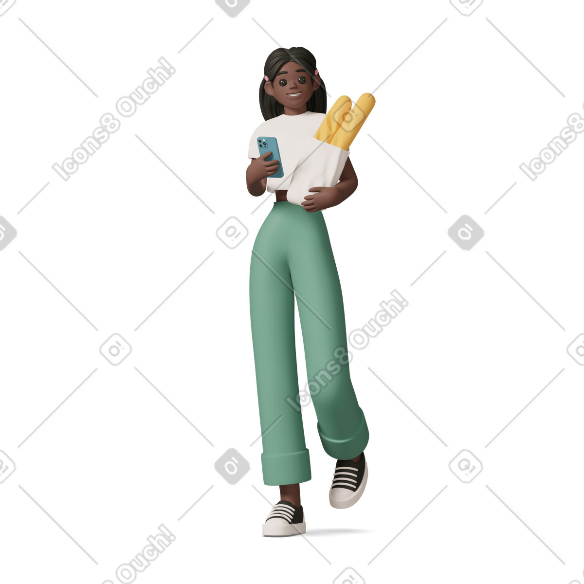 Black girl holding baguette and phone illustrazione in stile 3D Casual life scarica in PNG, SVG