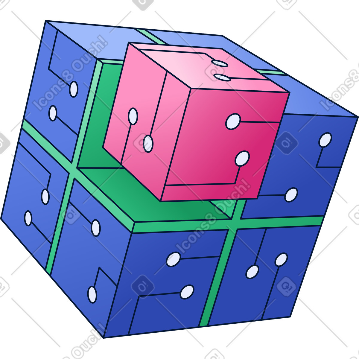 Ilustración Cubo digital con circuitos y piezas modulares. en estilo Neat a descargar en PNG SVG