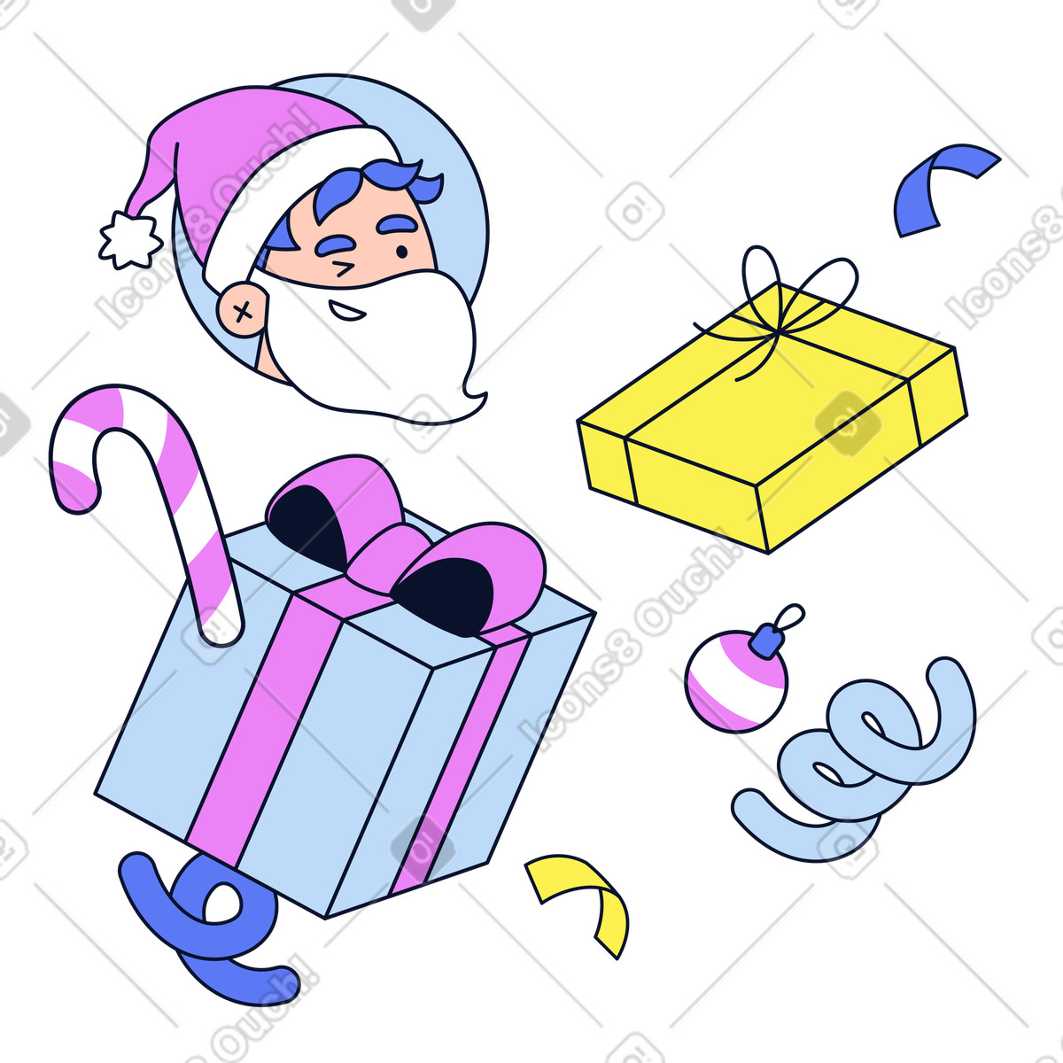 Zwinkernder weihnachtsmann und weihnachtsgeschenkboxen-Illustration im Flexy-Stil als Download in PNG, SVG
