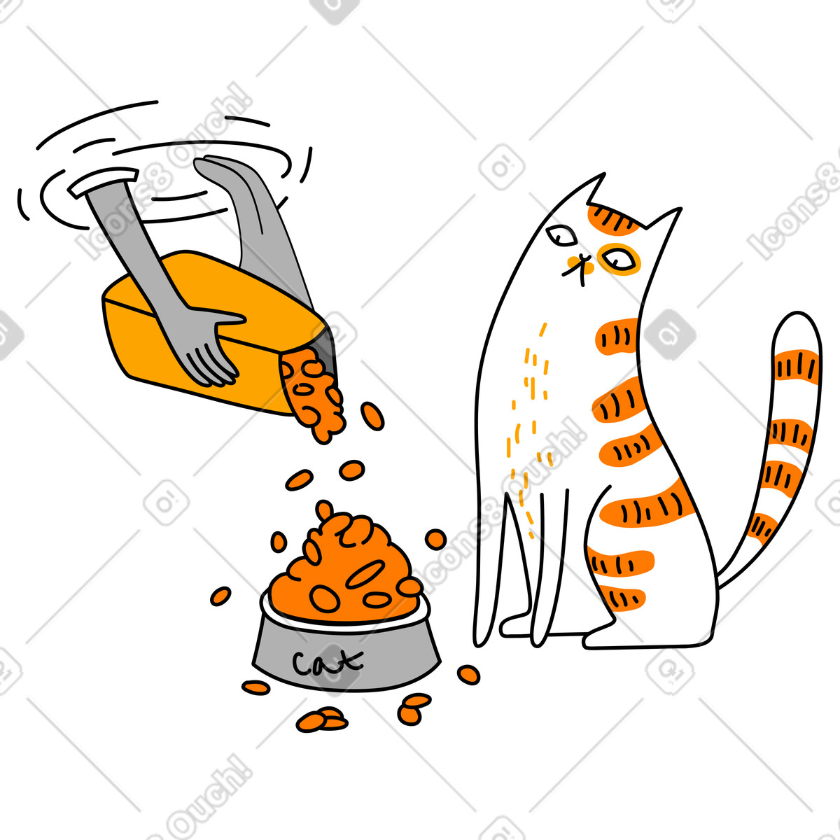 Иллюстрация Surprised cat looking at overflowing food bowl, Easy money or unexpected profit concept в стиле Purr — скачать в форматах PNG, SVG