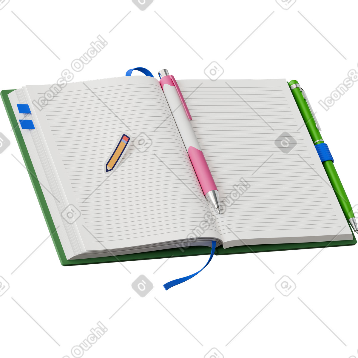 Notebook pens and sticker illustrazione in stile 3D Hygge scarica in PNG, SVG