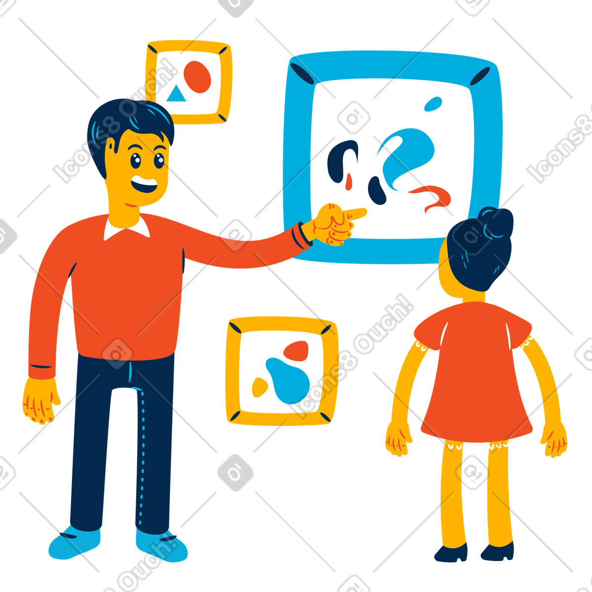 Museum guide showing artworks to visitor, Cultural experience and education illustration in Flame style download in PNG, SVG