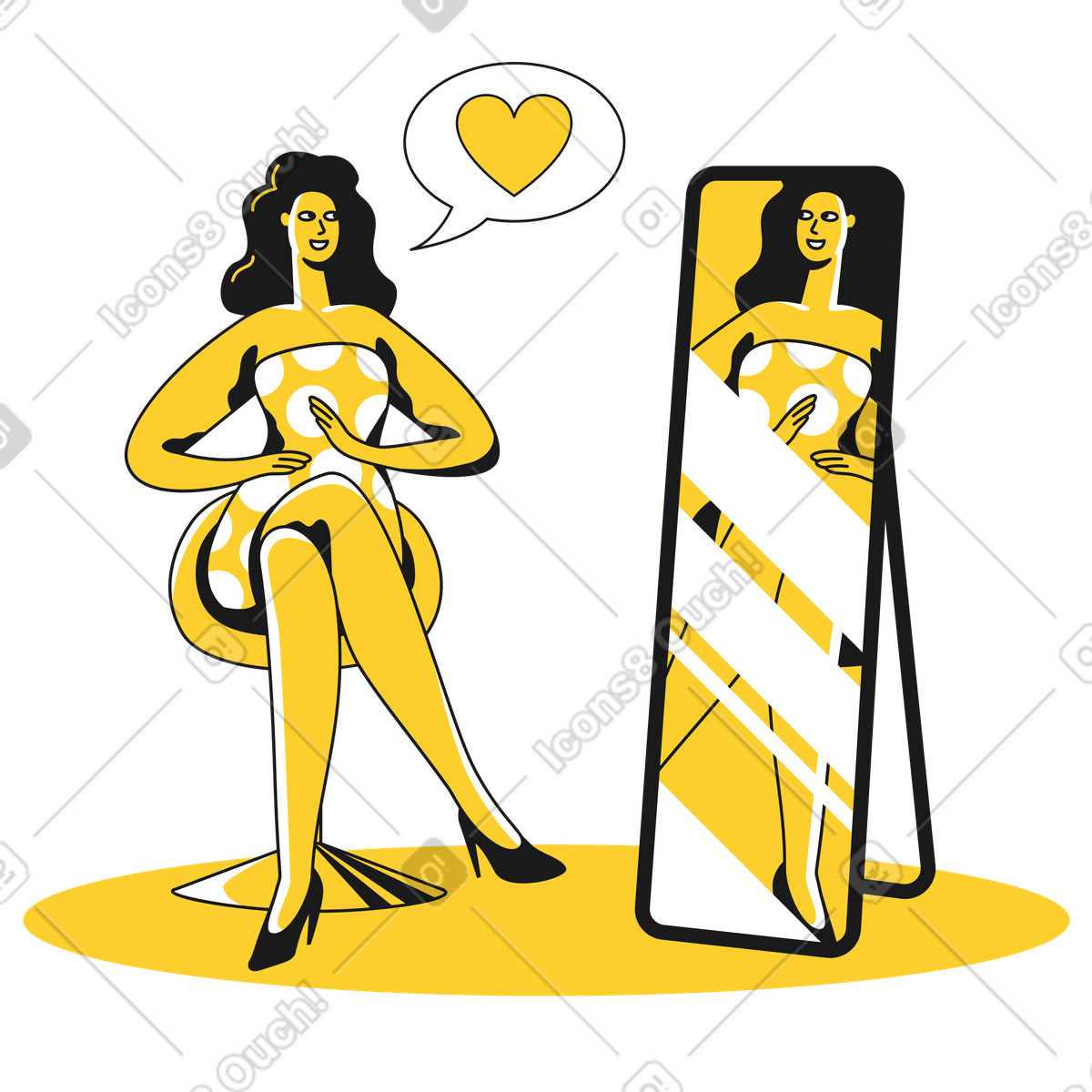 Иллюстрация Woman looking in the mirror with self-love в стиле Taxi — скачать в форматах PNG, SVG