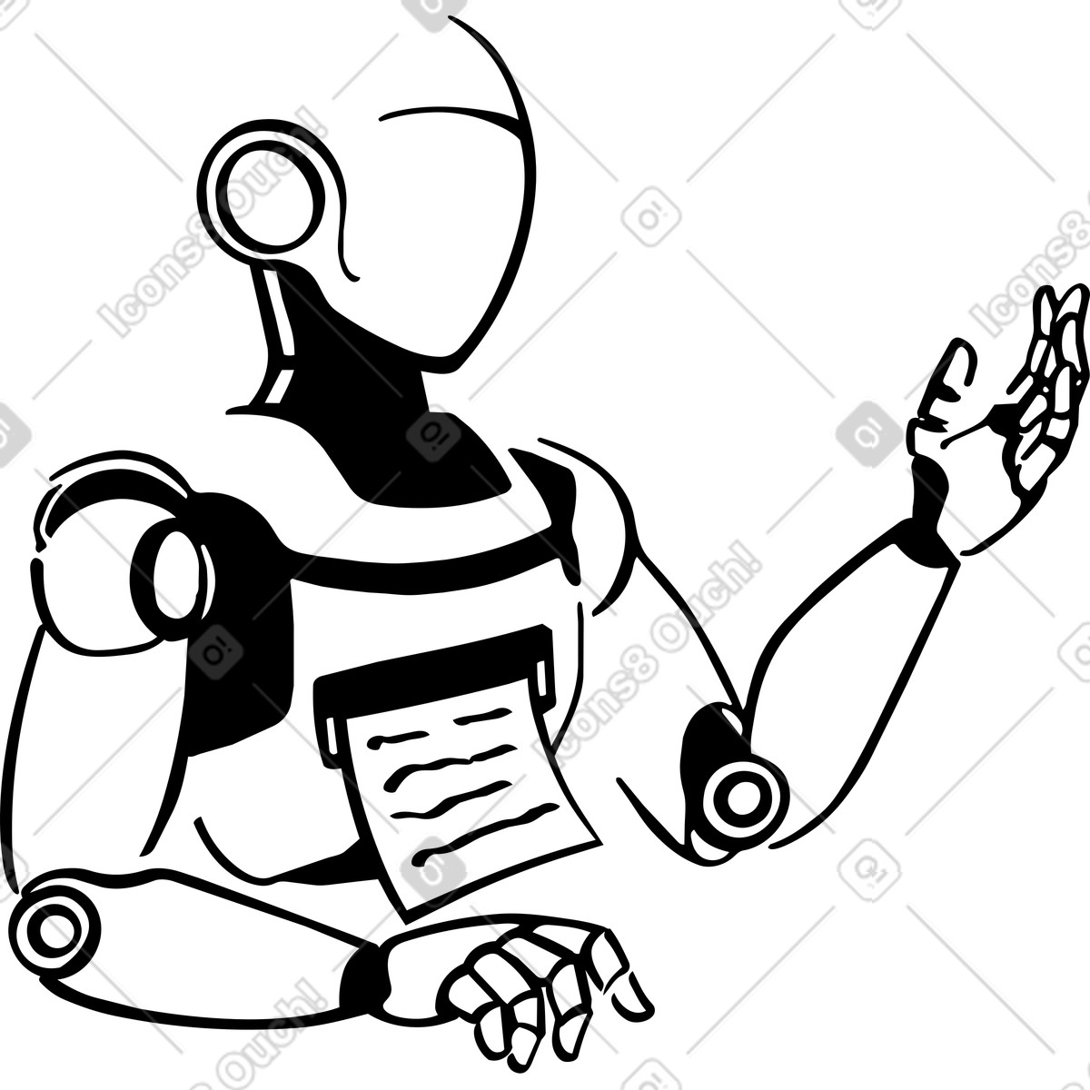 Illustration Robot translator assisting multilingual communication between two people using laptops dans le style Line à télécharger aux formats PNG, SVG