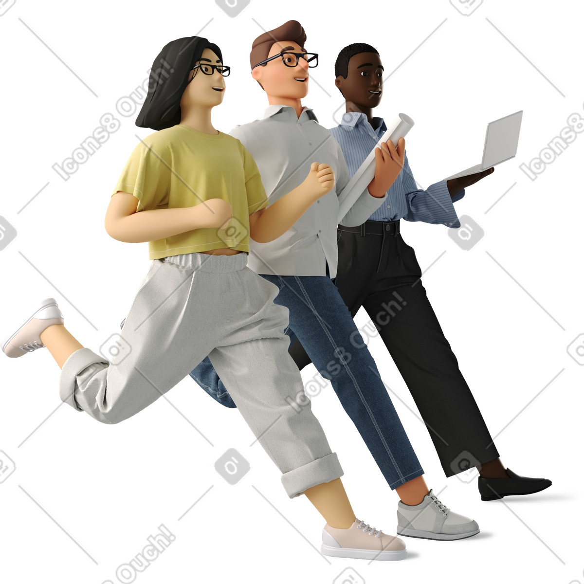 Three people running together, Teamwork and motivation illustration in 3D Business style download in PNG, SVG