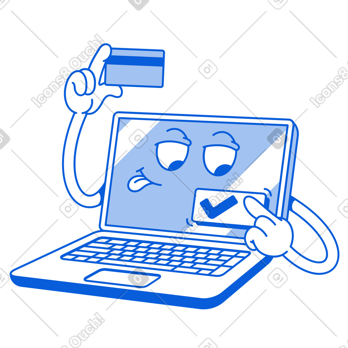 Laptop character paying online with card, Secure purchase-Illustration im Handy Line-Stil als Download in PNG, SVG