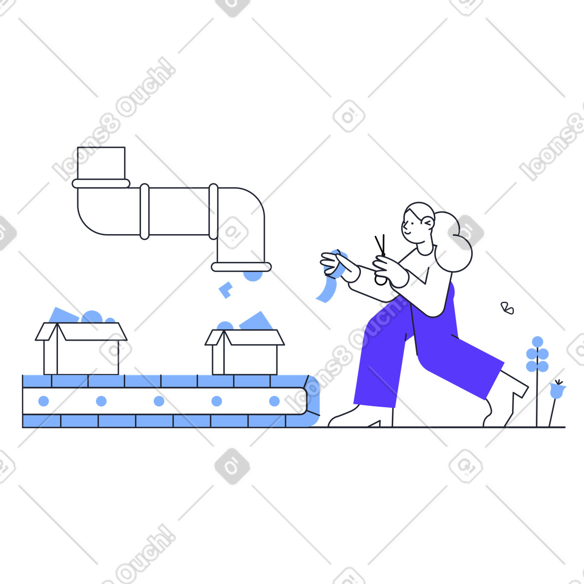Illustration Fille avec du ruban adhésif et des boîtes d'emballage de ciseaux dans le style Pablita à télécharger aux formats PNG, SVG
