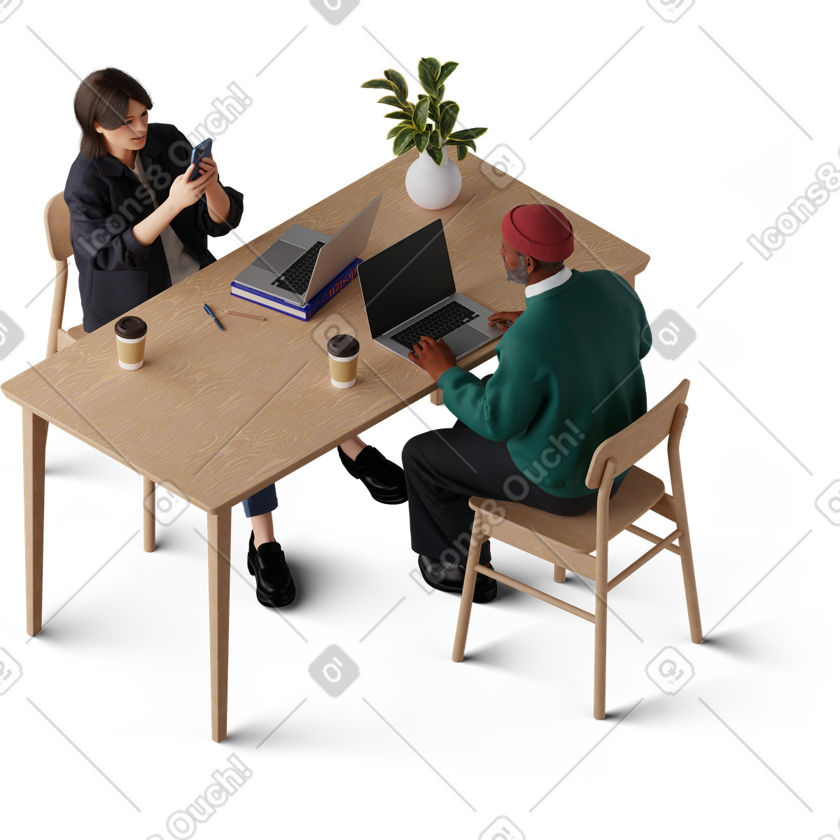 3D Hygge 스타일의 Isometric view of young woman taking picture man working on laptop 일러스트레이션 PNG, SVG 다운로드