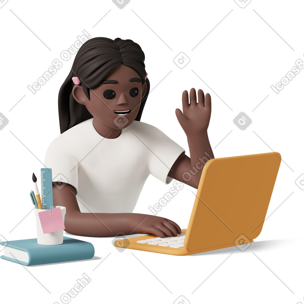 Black girl sitting in front of laptop and waving illustration 3D Casual life style download PNG, SVG