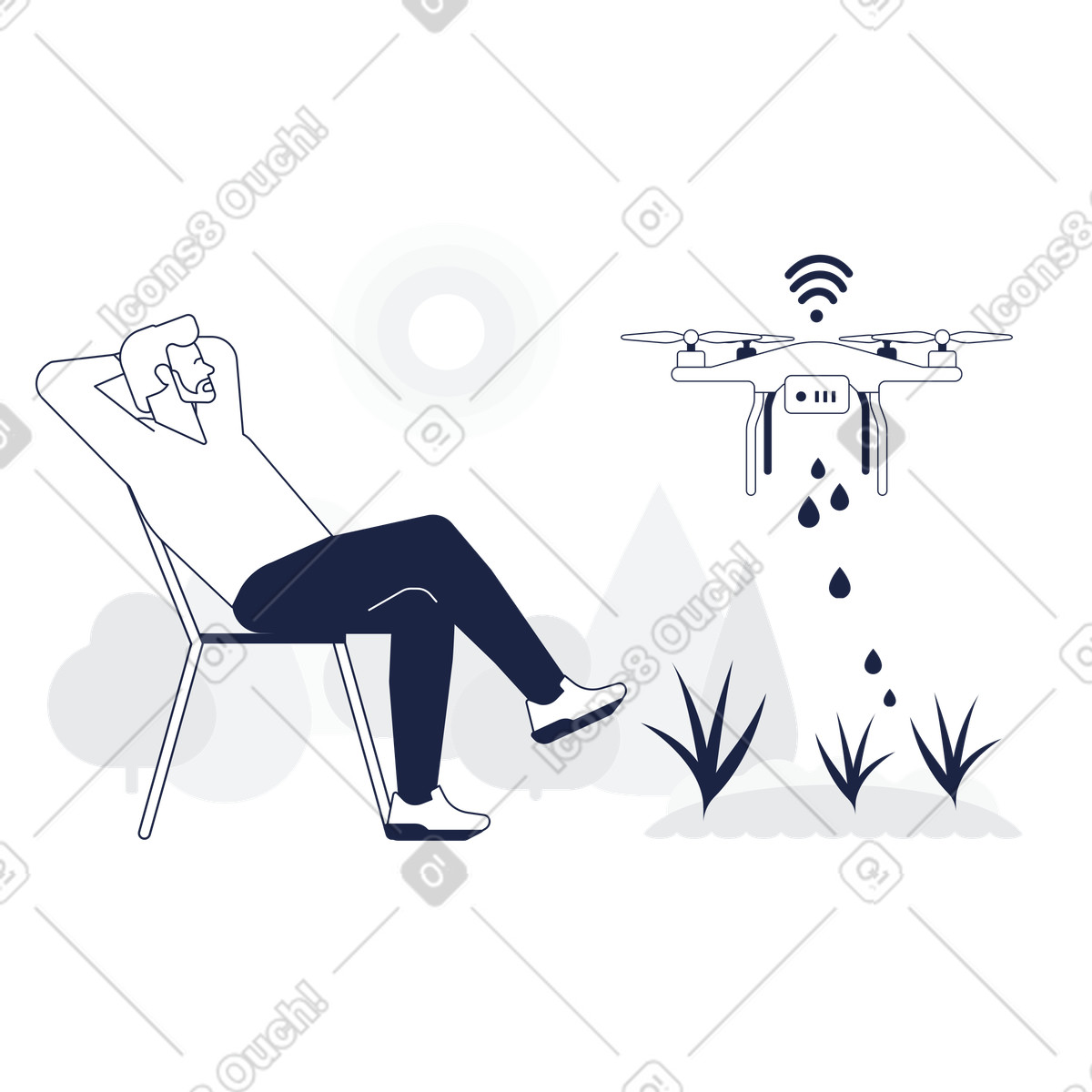 Urban Line スタイルの ドローンが作物に水を撒いている間、椅子に座ってくつろぐ男性 のイラストをPNG、SVG形式でダウンロード
