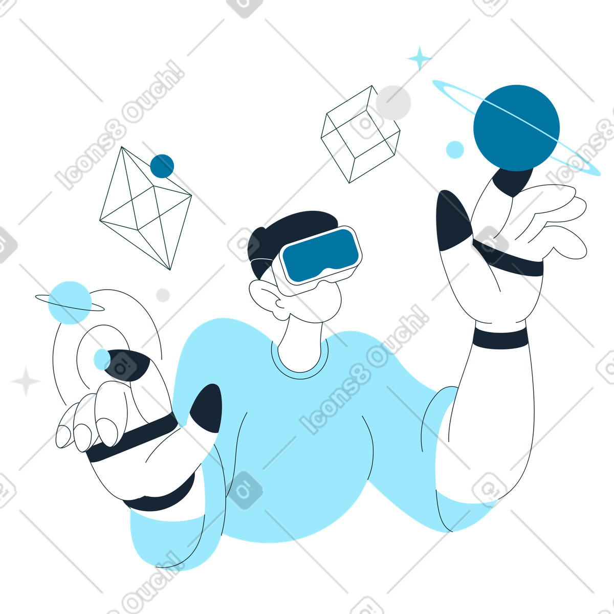 Interacting with virtual reality elements, immersive technology and simulation illustrazione in stile Indigo scarica in PNG, SVG