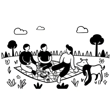 A family of four sitting on a checkered picnic blanket spread out on a green meadow, surrounded by a variety of picnic foods such as sandwiches, fruits, and drinks. A curious two-headed calf is approaching them, standing on its four legs with a distinct body structure. Various wildflowers and tall grass can be seen throughout the meadow, creating a natural setting. In the background, there are a few trees providing shade, and a clear sky with scattered clouds.