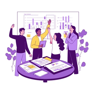 A group of five people of different ethnicities is standing in a circle, smiling and raising their hands in celebration. One person is holding a clipboard, while another is clapping their hands in excitement. In the background, there is a table filled with colorful project documents and a large poster displaying a successful graph. The atmosphere is filled with energy as they enjoy their shared success together.