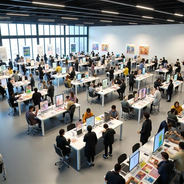 A large conference hall with high ceilings and bright overhead lights. Rows of tables are set up around the perimeter, displaying various artists' portfolios. Each table features colorful displays of artwork, including paintings, sketches, and digital prints. Artists, both male and female, are engaged in conversations, exchanging ideas and business cards. Some are standing while others are seated, animatedly discussing their work. The atmosphere is vibrant, with groups of people chatting and networking throughout the space. There are banners hanging from the walls, showcasing the names of the artists and the title of the event.