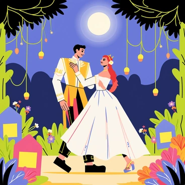 A royal couple dancing gracefully under a moonlit sky. The scene is set in a lush garden filled with vibrant flowers and greenery. Delicate fairy lights hang from the branches of trees, casting a warm glow over the area. Several colorful lanterns are placed around the garden, illuminating the couple as they twirl. The man wears a regal outfit with intricate detailing, while the woman is adorned in an elegant gown that flows as she dances. The moon shines brightly above, adding a magical ambiance to the festive atmosphere.