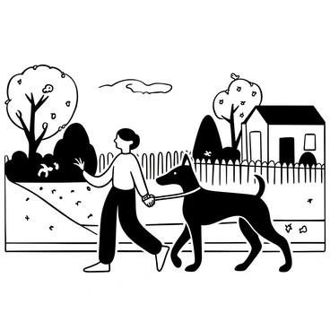 A doberman with a sleek coat walking alongside a person holding a leash. The owner is dressed in casual outdoor clothing, with one hand comfortably gripping the leash. They are strolling along a tree-lined sidewalk that features well-kept lawns and flower beds. White picket fences border the nearby houses, and there are several small birds perched on the fence and trees. The sun casts long shadows, indicating late afternoon, with a few clouds in the sky.