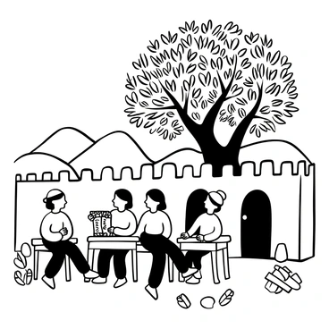 A group of children sitting at wooden desks under a large olive tree in ancient Bethlehem. They are surrounded by stone walls of a simple building, with scrolls and wooden tablets scattered on the desks. The children are focused on their studies, with one child holding a scroll while another writes with a quill. Sunlight filters through the leaves of the olive tree, casting shadows on the ground. In the background, there are rugged hills and a clear sky.
